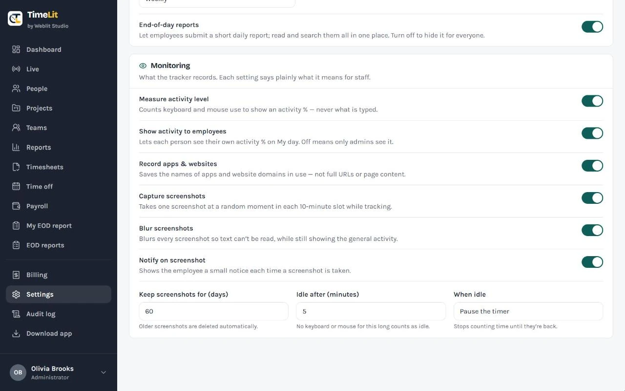 Monitoring settings: activity level, apps and websites, screenshots, blur, notify, retention days and idle rule, each with a plain explanation