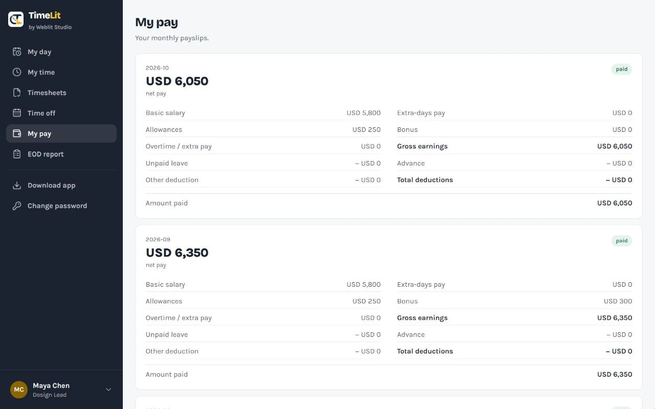 An employee's My pay page with this month's payslip breakdown and amount paid