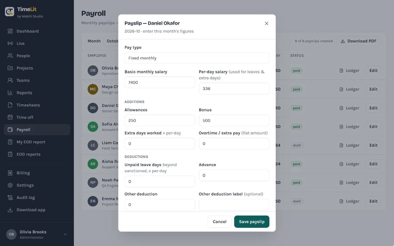 Payslip editor with basic salary, per-day salary, allowances, bonus, overtime and deductions
