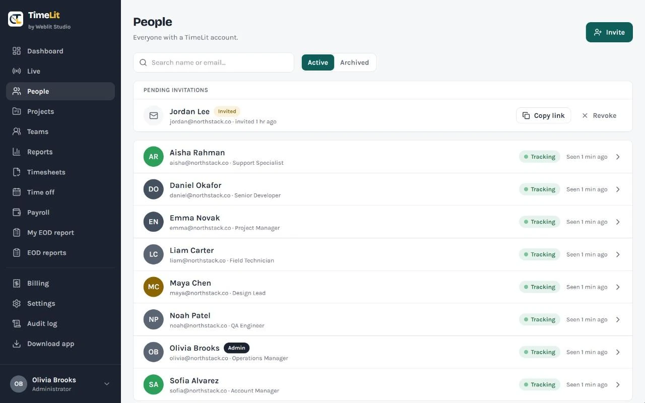 People list with a pending invitation and each person's status