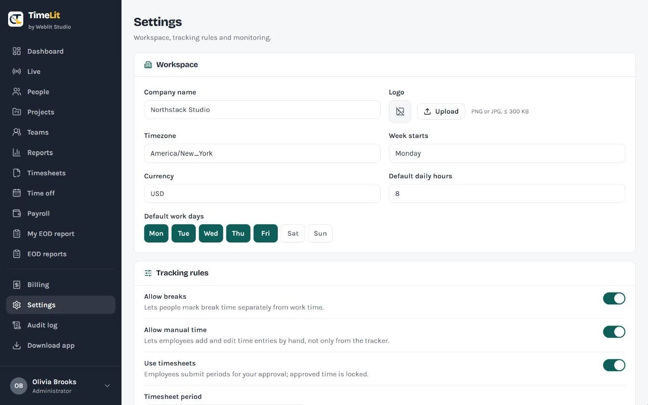 Workspace settings: company name, logo, time zone, week start, currency and default work days